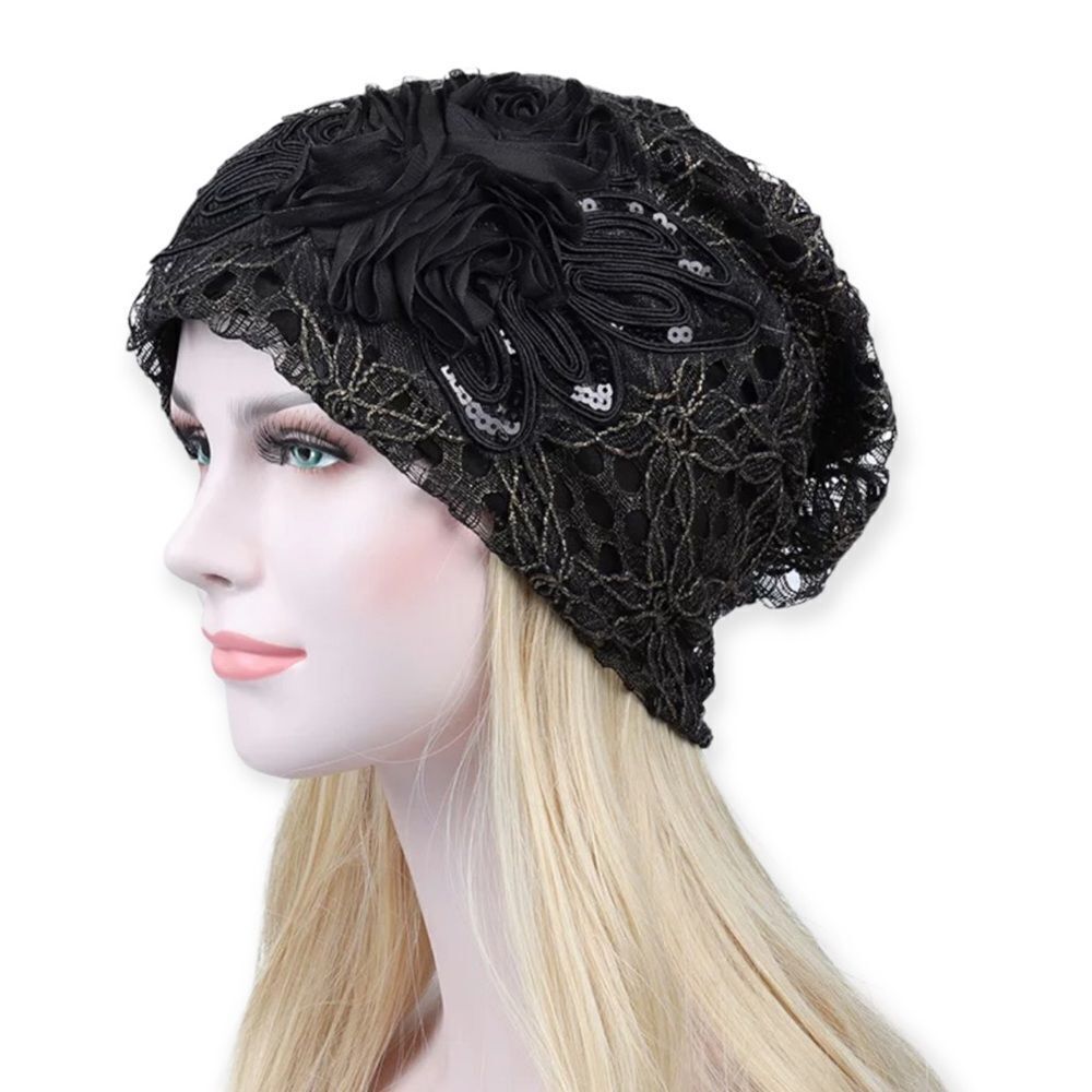 Black Lace Floral Lightweight Lined Beanie Cap - NEW